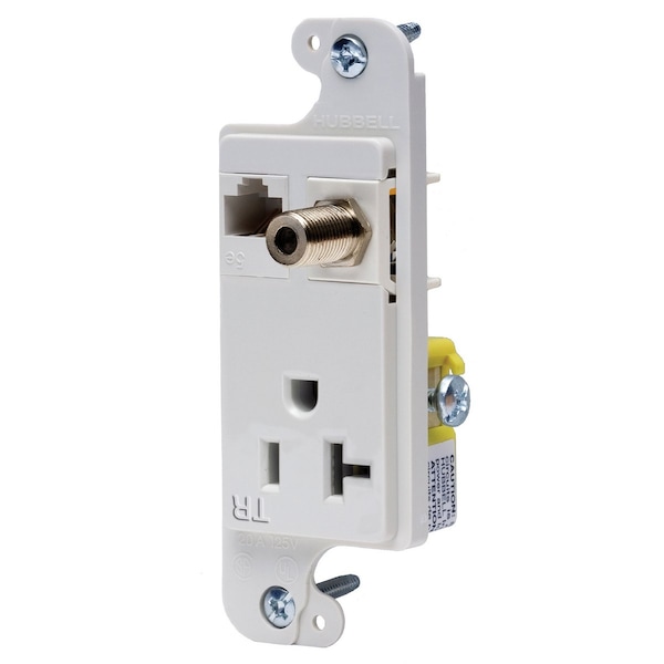 Hubbell Wiring Device-Kellems J-Load Media Outlet, 20A 125V Tamper Resistant Receptacle, Cat 6 Jack, F Coax, Decorator Frame, White RJ620WTR - main